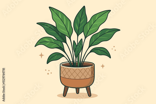 Houseplant in trendy mid-century modern planter vector illustration. Green foliage in a ceramic pot on a stand. Home decor, interior design, urban jungle, biophilic concept.