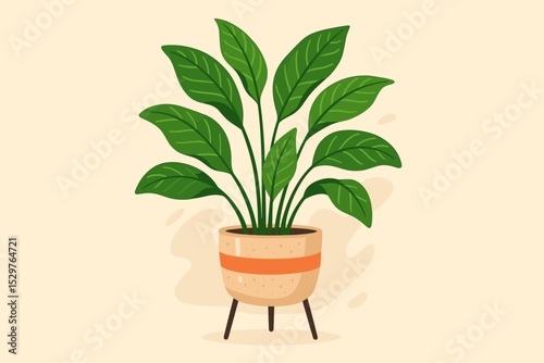 Potted houseplant in a trendy mid-century modern planter with legs. Vector illustration of green foliage for interior decoration. Flat design concept for home decor, biophilia.