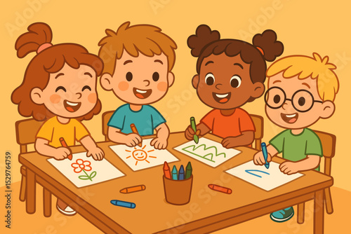 Happy diverse children drawing with crayons in preschool. Group of multicultural kids in kindergarten art class. Creative activity and early education concept vector illustration.