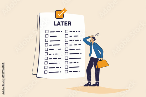Procrastination, do it later, laziness to postpone every work tasks to later check list concept, frustrated businessman office worker look at long list of later todo list paper note pinned on the wall