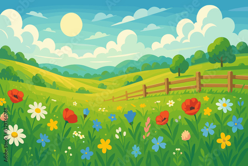 Summer meadow landscape with wildflowers like poppies and daisies. Rural countryside scenery with green rolling hills, sun, and blue sky. Cartoon vector illustration background.