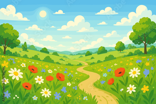 Summer landscape vector background. Cartoon illustration of a sunny day with a flower meadow, green hills, and a winding path. Idyllic countryside scenic nature view.
