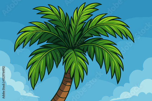 Cartoon palm tree on a tropical island with blue sky and clouds. Summer vacation vector illustration. Exotic paradise beach background concept for travel and holiday design.
