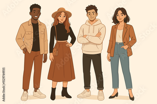 Group of diverse young people in trendy casual outfits. Multicultural friends standing together. Men and women in modern fashion. Vector illustration of a youth community team.