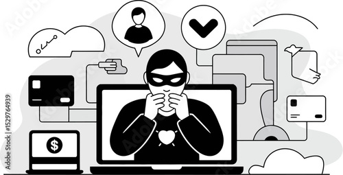 Online scammer fraud hacker identity theft phishing internet security cybercrime protection concept vector editable stock vector illustration