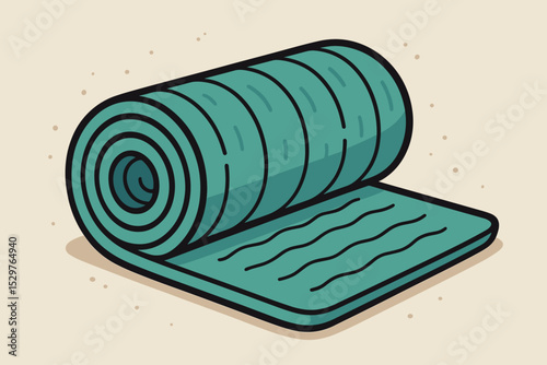 Rolled yoga mat vector illustration. Sport equipment for fitness, pilates, and workout in the gym. Healthy lifestyle, wellness, and meditation concept. Isolated exercise accessory.