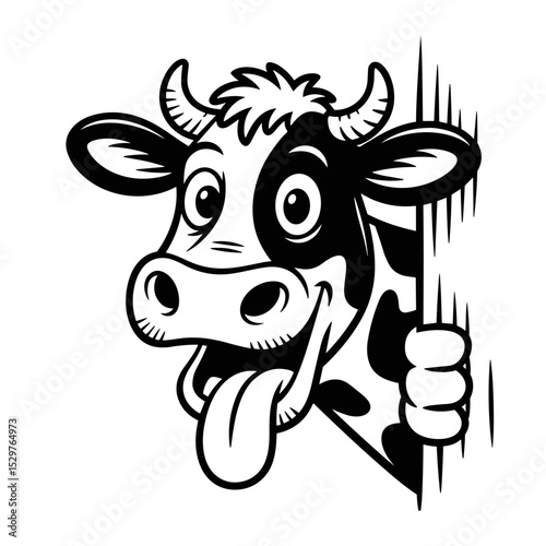 Cartoon Cow Peeking Out with Tongue Out, Fun Farm Animal Illustration