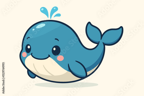 Cute cartoon whale vector illustration. Happy blue baby whale character isolated on background. Adorable smiling sea animal for kids, nursery decor. Kawaii marine life mascot.