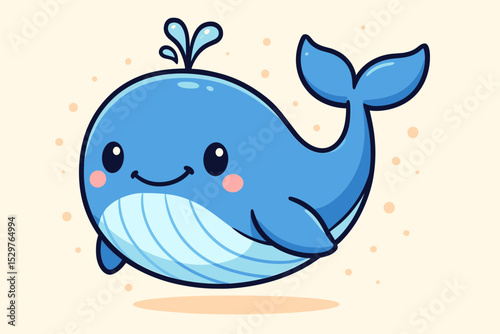 Cute blue whale cartoon character smiling and swimming. Kawaii baby marine animal with water spout. Cheerful ocean mammal mascot illustration for kids, nursery decor or print.