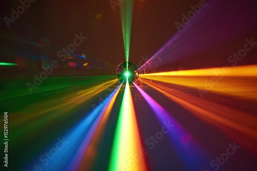 Multicolored laser beams converge on a central point, creating a vibrant and dynamic light display.