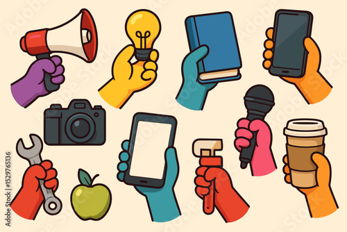 Vector icon set of colorful cartoon hands holding objects. For professions, hobbies, and lifestyle concepts. Includes megaphone, lightbulb idea, book, smartphone, mic, coffee, wrench.