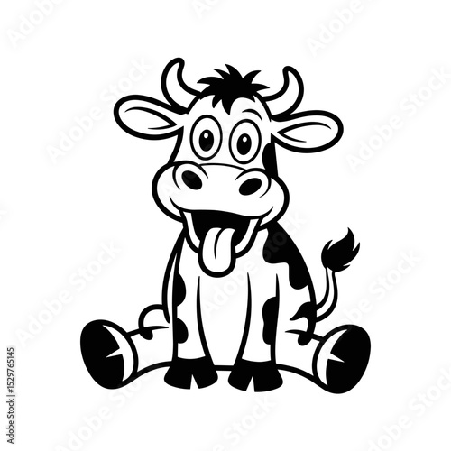 Cartoon Cow Sitting with Tongue Out, Fun Animal Illustration