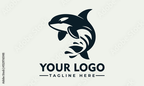 Dynamic black and white illustration of a powerful orca whale leaping energetically above stylized ocean waves. Marine life concept