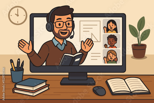 Male teacher with headset teaching diverse children in a virtual classroom. E-learning and distance education concept. Man on computer screen for online lesson, webinar, homeschooling.