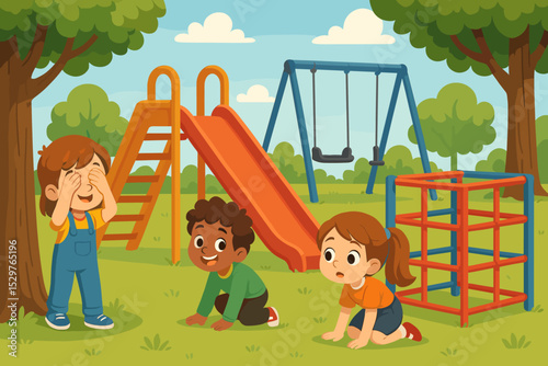 Happy multicultural kids playing hide and seek game in a summer park. Diverse children on the playground with a slide and swings. Cartoon vector illustration of childhood fun.