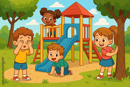 Happy diverse children playing hide and seek at the playground. Cute cartoon kids having fun outdoors in a summer park. Boy counting while friends hide. Friendship concept vector.