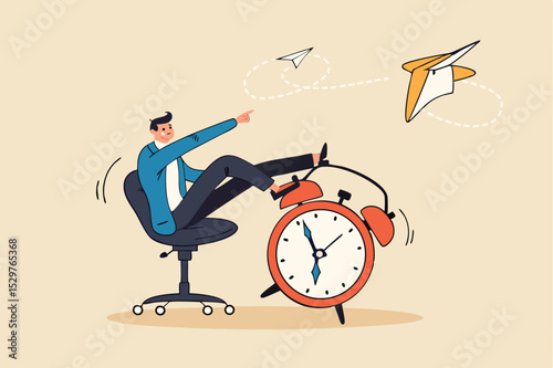 Productivity and efficiency in work, procrastination or time management or project deadline, best performance employee concept, smart relax businessman sitting on alarm clock launching paper airplane.
