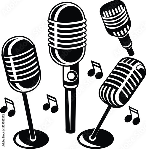 A collection of microphones black and white silhouette art