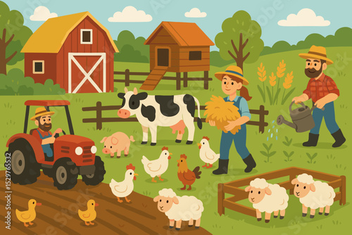 Rural farm life illustration with cute cartoon farmers and animals. Man drives tractor, people work in countryside field with barn, cow, pig, chicken, sheep. Agriculture concept.