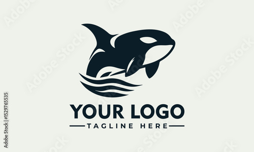 Dynamic black and white illustration of a powerful orca whale leaping energetically above stylized ocean waves. Marine life concept