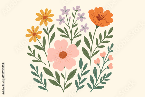 Hand drawn floral collection. Cute spring flowers and leaves set in flat design style. Botanical folk art vector illustration. Wildflower bouquet for greeting card or poster.