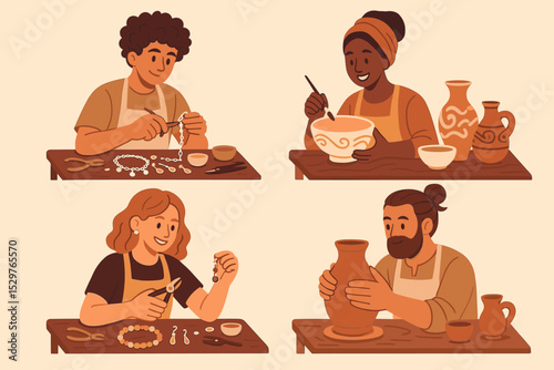 Collection of diverse artisans at work. People in workshop crafting handmade jewelry and pottery. Creative hobby or small business concept. Potter and jeweler characters vector cartoon set.