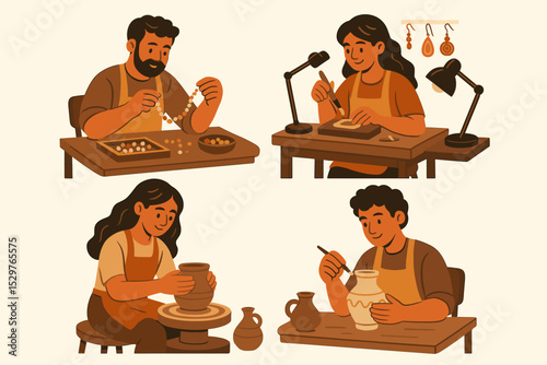 Artisan character set showing creative hobbies. People crafting handmade jewelry and pottery in workshop. Man making beaded necklace. Woman jeweler. Potter on wheel. Artist painting vase.