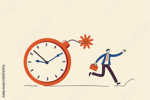 Time management, project deadline countdown or problem or trouble to deliver or launch product concept, fearful businessman running away from detonated time countdown bomb about to explode.