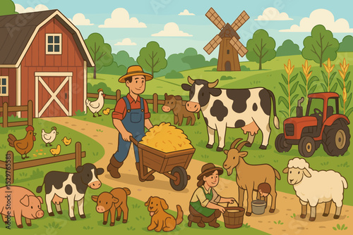 Happy farmers on a farm with animals. Cartoon vector illustration of a rural landscape with barn, windmill, cow, sheep, pig, and tractor. Concept of agriculture and country life.