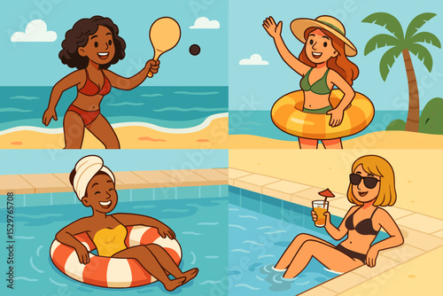 Summer fun at the beach with family on vacation. Tropical seaside landscape with ocean, sand, and palm trees. Happy people relaxing and playing. Holiday travel background vector.