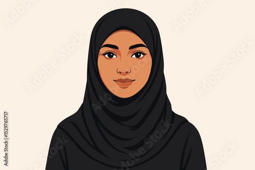 Portrait of a beautiful Muslim woman wearing a black hijab. Islamic girl headshot. Middle Eastern female avatar. Arabic beauty, modesty, empowerment. Diversity and inclusion concept.