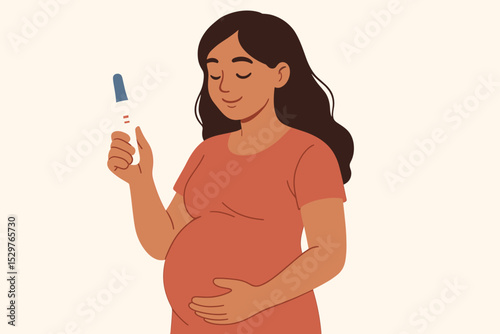 Vector illustration of a smiling pregnant woman holding a positive test. Happy expectant mother touching her baby bump. Concept of maternity, motherhood, pregnancy, and new life.