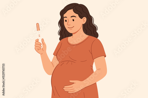 Happy pregnant woman holding positive pregnancy test, confirming motherhood. Smiling future mother expecting a baby, touching her belly. Maternity, fertility, and new life concept.