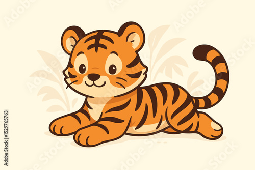 Cute cartoon tiger cub relaxing. Adorable baby animal character illustration for kids. Happy kawaii wildlife mascot lying down in the jungle. Vector graphic for nursery design.