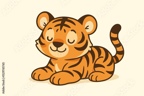 Cute tiger cub relaxing. Baby tiger sleeping. Adorable wild cat character smiling. Cartoon vector illustration for kids. Jungle animal mascot. Nursery art. Kawaii character design.