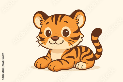 Cute tiger cub cartoon illustration. Adorable baby wildlife animal character smiling and lying down. Isolated safari vector graphic for nursery, kids t-shirt, or mascot logo.