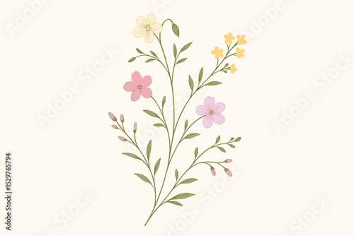 Elegant wildflower branch illustration with pastel blossoms. Vintage botanical hand-drawn line art style. Floral design element with delicate flowers, leaves, and buds. Isolated.