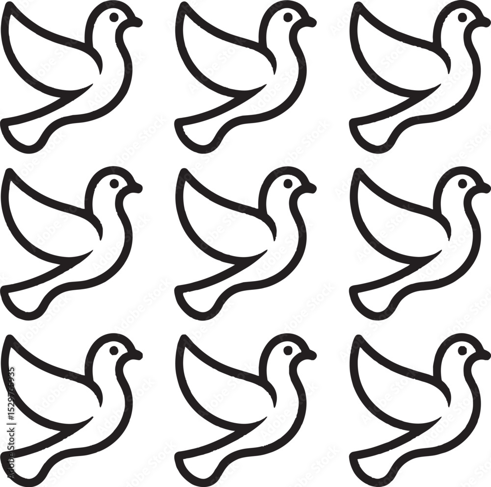Fototapeta premium Nine Black Outline Doves Flying White Background bird