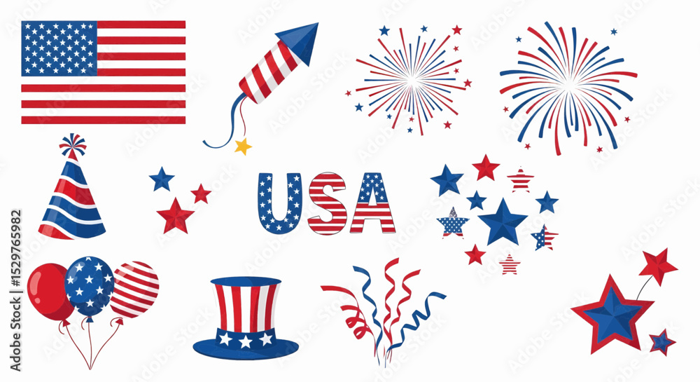 Obraz premium High-quality vector illustrations featuring American flags, firework rockets and bursts, party hats, 