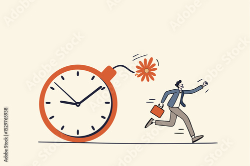 Time management, project deadline countdown or problem or trouble to deliver or launch product concept, fearful businessman running away from detonated time countdown bomb about to explode.
