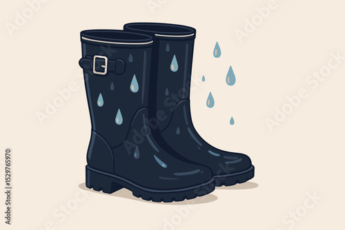 Stylish rain boots vector illustration. Pair of waterproof wellingtons or gumboots with raindrops for autumn weather. Protective rubber footwear for wet season or garden work.