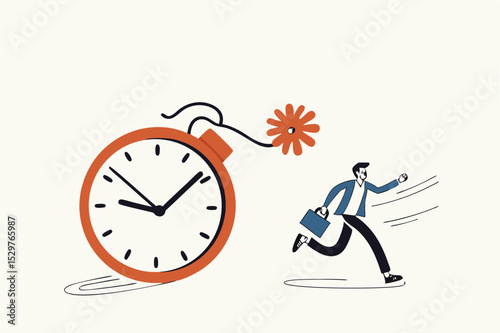 Time management, project deadline countdown or problem or trouble to deliver or launch product concept, fearful businessman running away from detonated time countdown bomb about to explode.