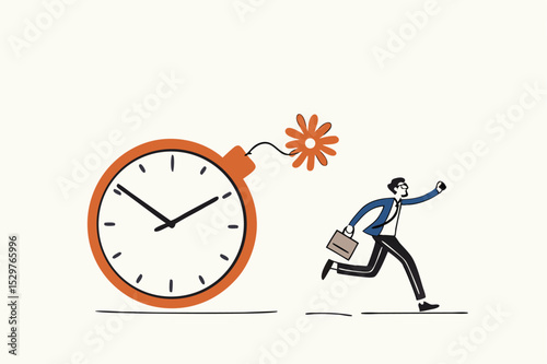 Time management, project deadline countdown or problem or trouble to deliver or launch product concept, fearful businessman running away from detonated time countdown bomb about to explode.