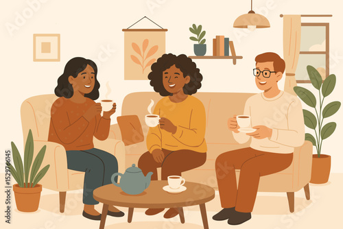 Happy diverse friends drinking tea or coffee and talking in cozy living room. Group of man and women on sofa enjoying conversation. Friendship, communication and leisure concept.