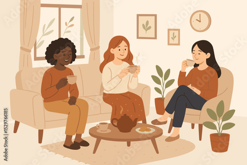 Diverse group of female friends enjoying a cozy tea party at home. Multiethnic women talking and drinking coffee in a living room. Friendship, gathering, and leisure concept.
