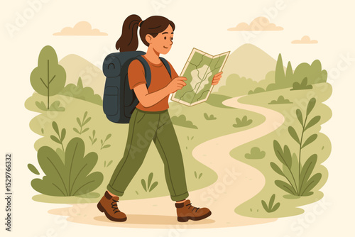 Hiker girl with backpack exploring a trail in nature. Young woman walking and navigating with a map. Concept of adventure, solo travel, trekking, ecotourism, and discovery.
