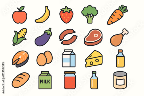 Grocery icons set. Food and drink collection. Supermarket products illustration. Vector flat outline design for healthy eating, nutrition, diet. Fruit, vegetable, meat, dairy items.
