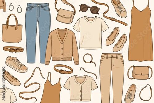 Women's casual clothes and accessories seamless pattern. Fashion flat lay illustration of a capsule wardrobe concept. Vector background with dress, jeans, t-shirt, bag, shoes.