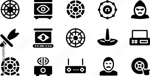 Vector icons set for games, technology, security concepts, black silhouette designs, isolated elements editable stock vector illustration