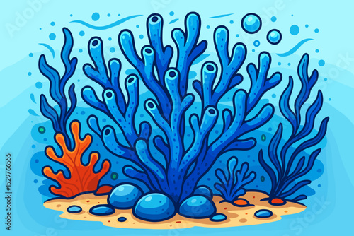 Cartoon marine life illustration of a colorful coral reef. Underwater sea background with blue tubular coral, algae, and sand. Aquatic nature scene for kids. Ocean vector.